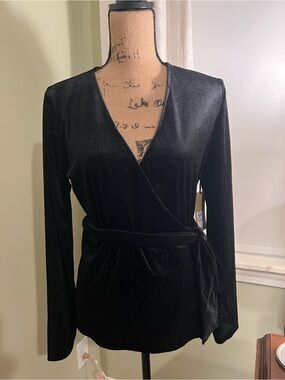 Halogen Black Ribbed Wrap Knit Top